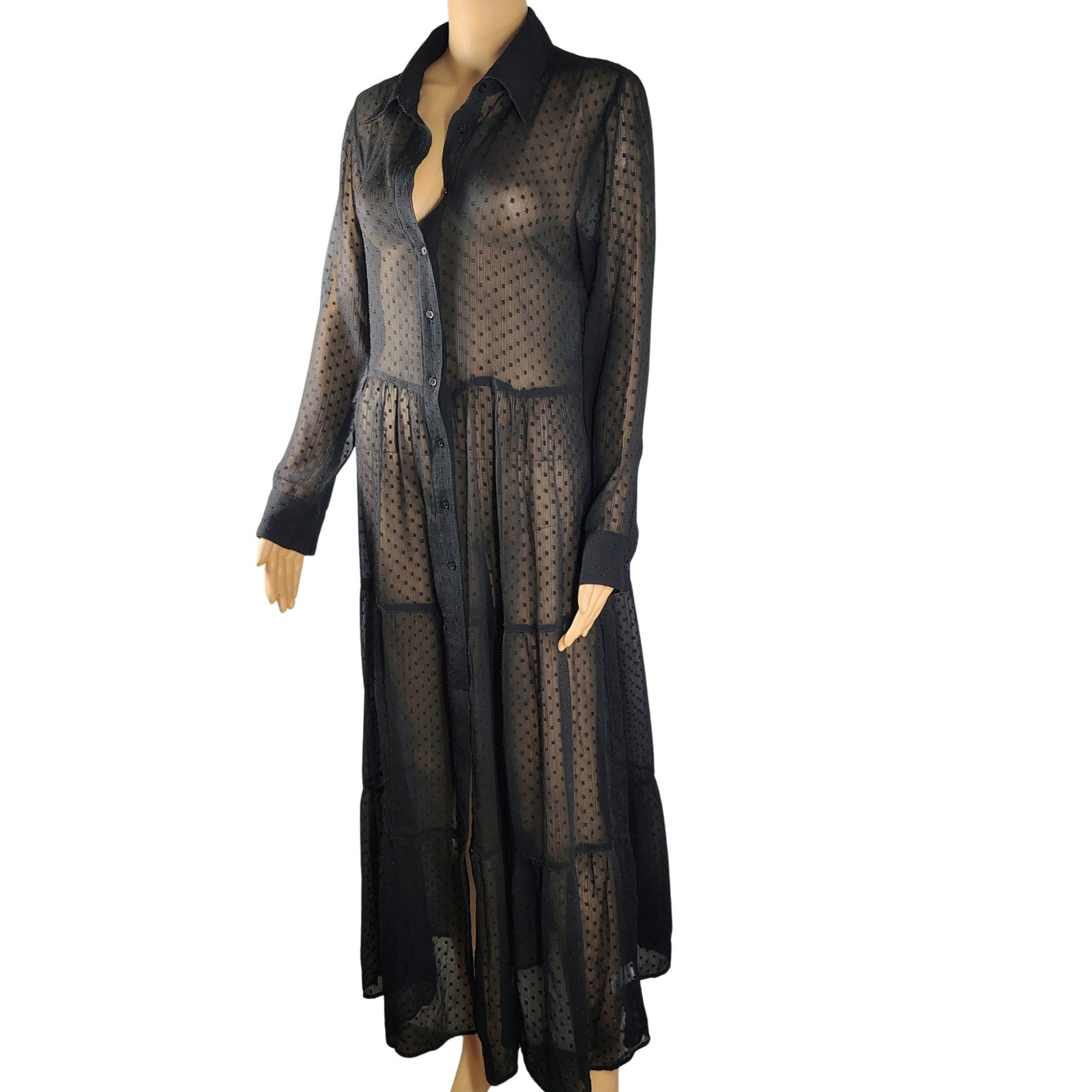 VENUS Black Sheer Polka Dots Button Up Flare Maxi Fold Down Collar Dress Size 8