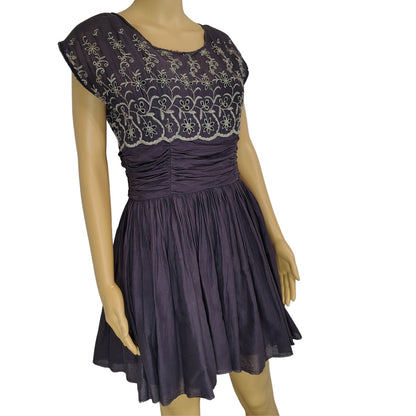 Free People Dark Purple Shirred Floral Embroidered Eyelet Dress Women's Size Small