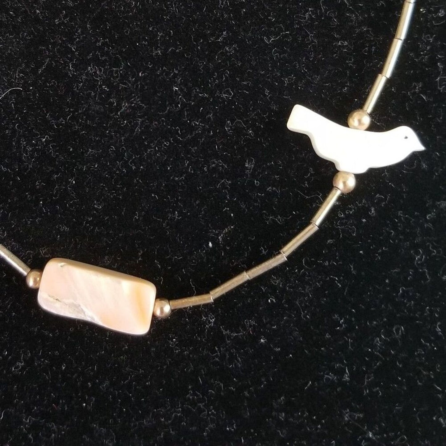 1970s Bird Mother Of Pearl Beads Single Strand Liquid Silver Bead Necklace