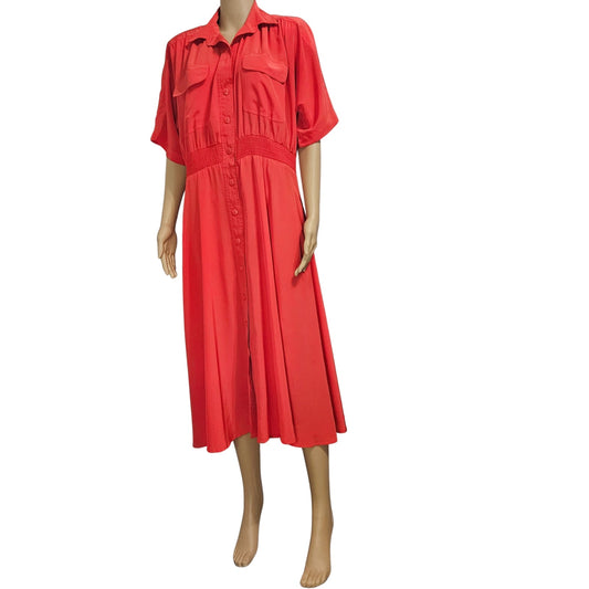 1990s Raoul Tomatoe Red Ruched Waist Short Sleeve Button Up Collar Dress Size 8