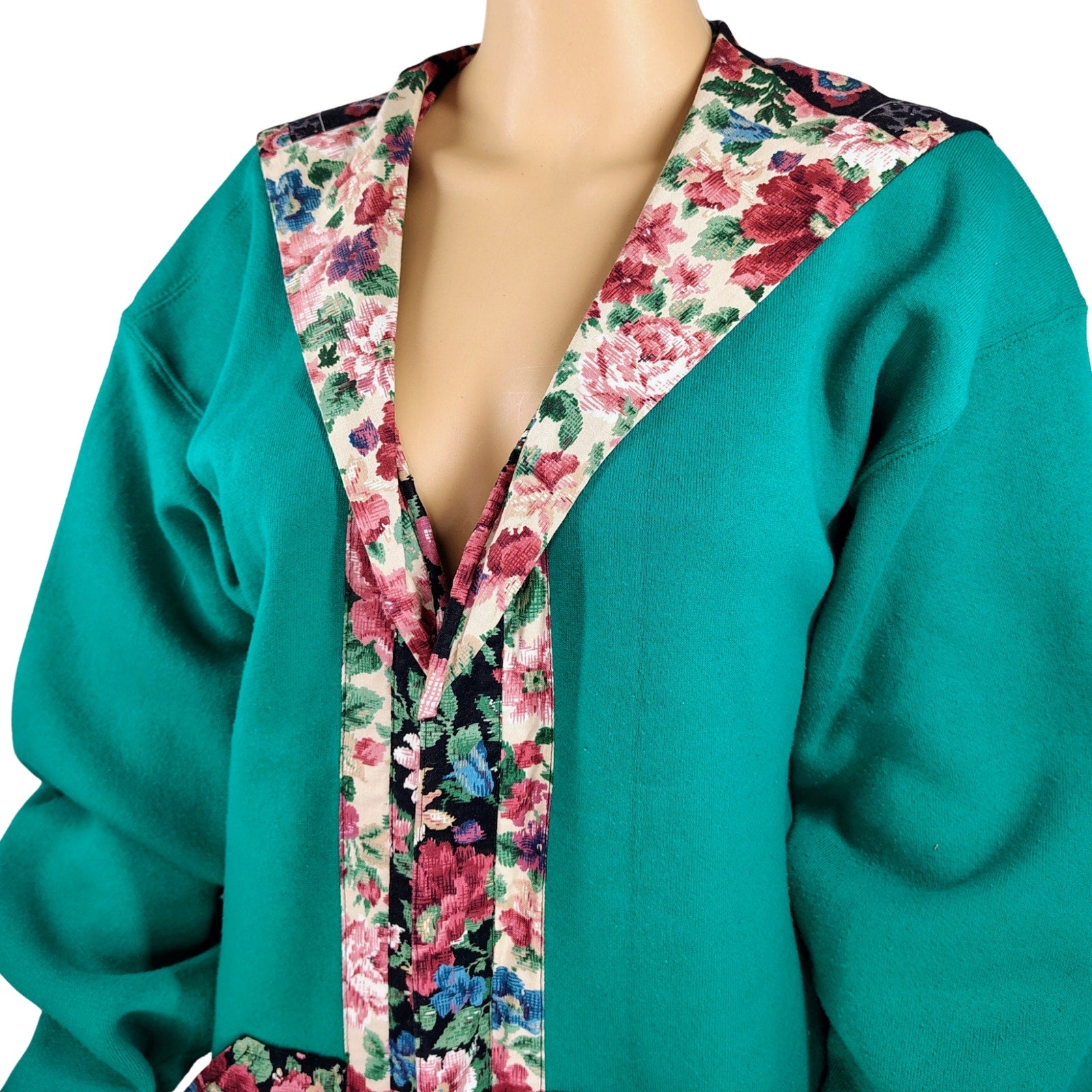 1990s Upcycled Floral Green Fleece Sweatshirt Open Front Cardigan Size XXL Women