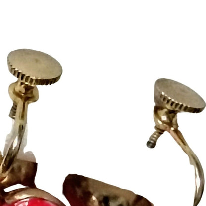 Vintage Red Drop Hearts Dangling Heart Earrings Gold Wrapped Clip On Screw Clasp