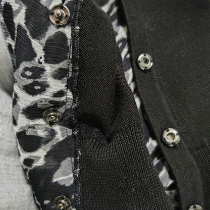 Tahari Black Cardigan Button Up Sweater Gray Leopard Print Trim Size Med Petite