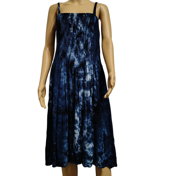 Summer Flowy Dress Blue Tye-Dye Elastic Shirred Top Uneven Hemline One Size