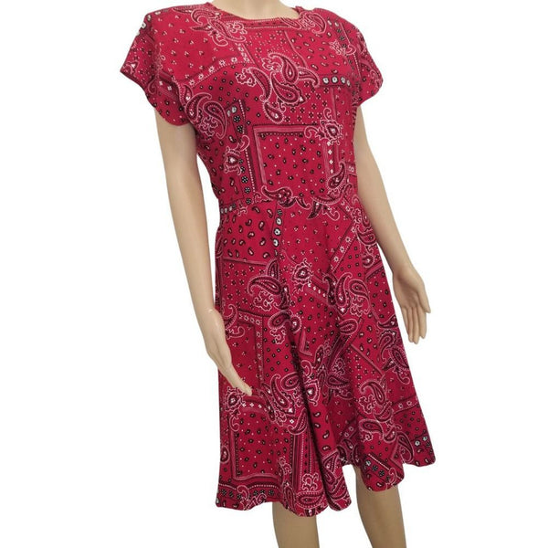 80s Midi Red Kerchief Print Dress Button Short Sleeve Crew Neck VINTAGE Size XL
