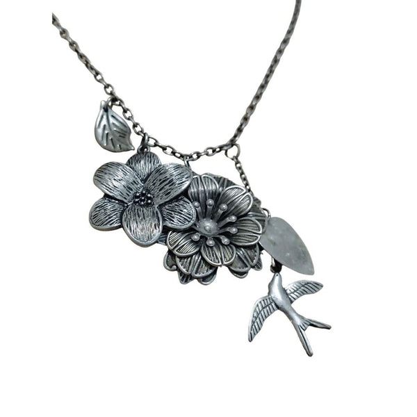 Vintage Floral Bird Heart Charm Necklace Silver Tone Chain Link 19 Inch