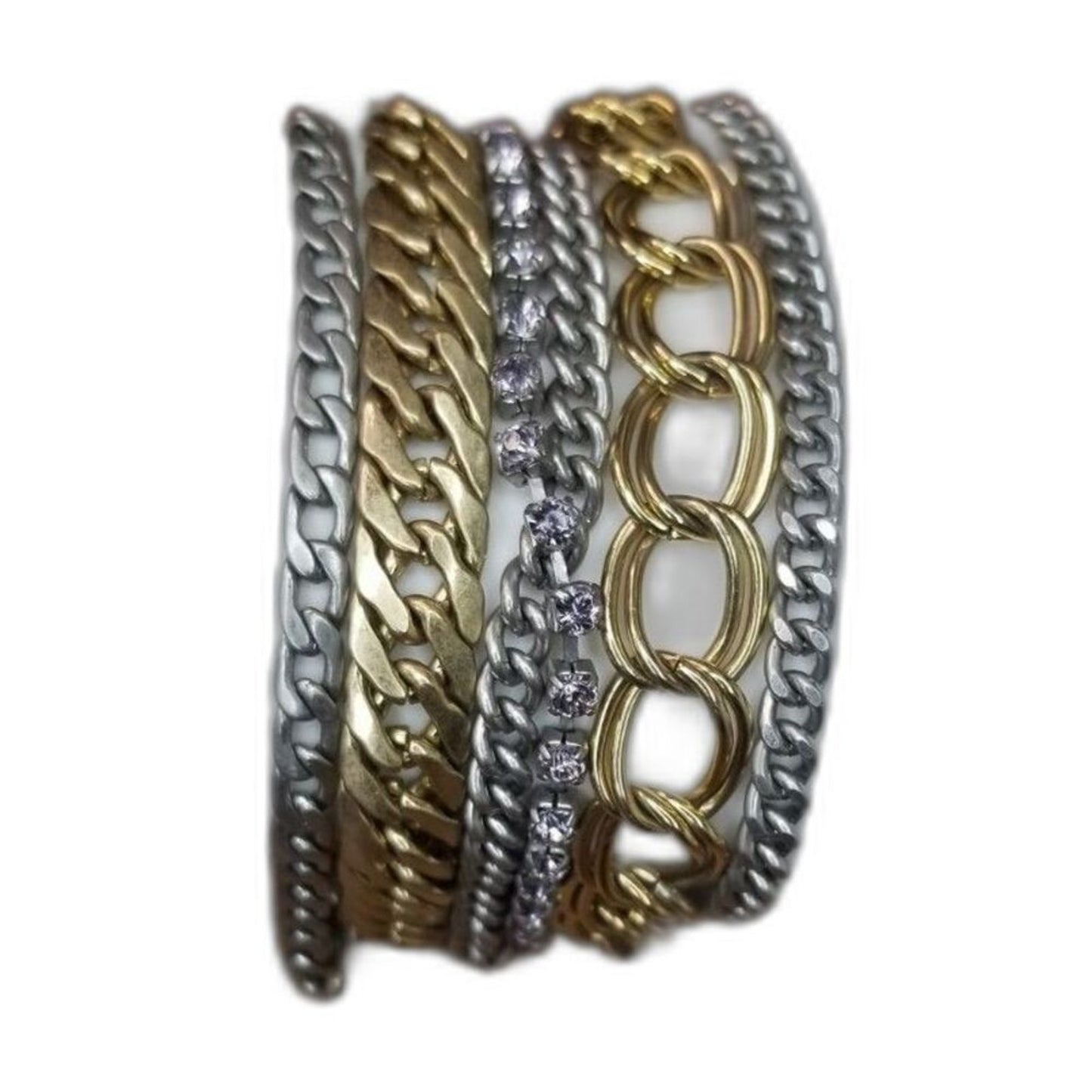 Vintage Layered Chain Link Gold Silver Tone Cuff Bracelet Crystal Adorned Flower