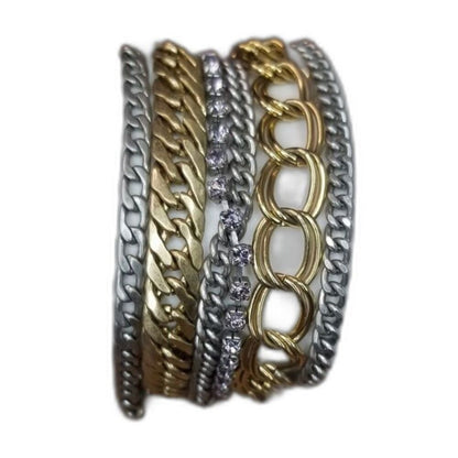 Vintage Layered Chain Link Gold Silver Tone Cuff Bracelet Crystal Adorned Flower