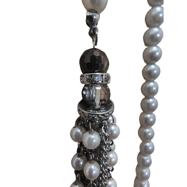 Vintage Cream Chain Link Faux Pearl Silver Tone Long Lariat Tassel Necklace