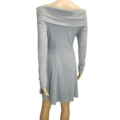 Gray Off The Shoulder Fit & Flare Long Sleeve Ribbed Knee High Dress Size Medium
