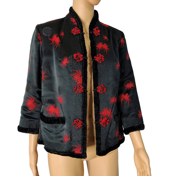 1970s Red Black Reversible Chinese Embroidered Fur Evening Jacket Size Small [Vintage]