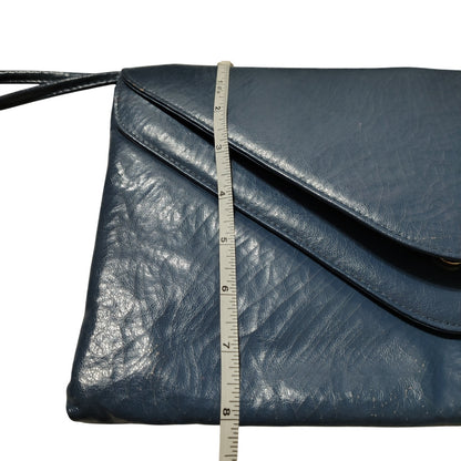 70s Maxi Clutch Blue Faux Leather Vegan Crinkle Leather Wristlet Two Compartment