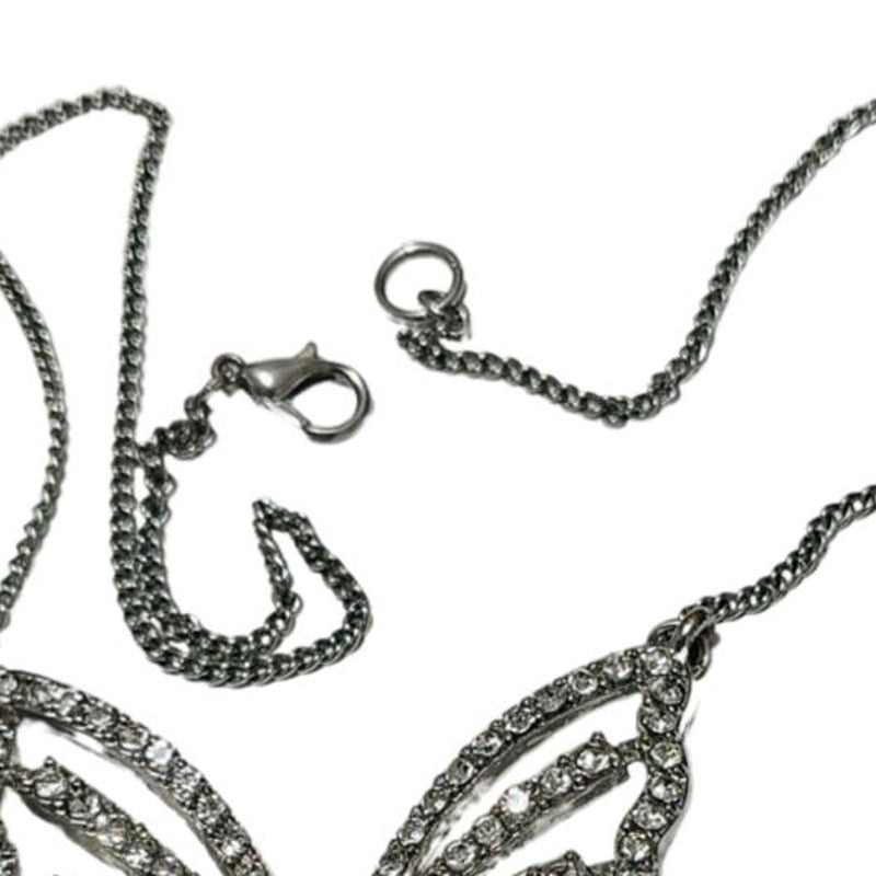 1990s Clear Crystal Bling Butterfly Pendant Silver Tone Chain Link Necklace [Vintage]