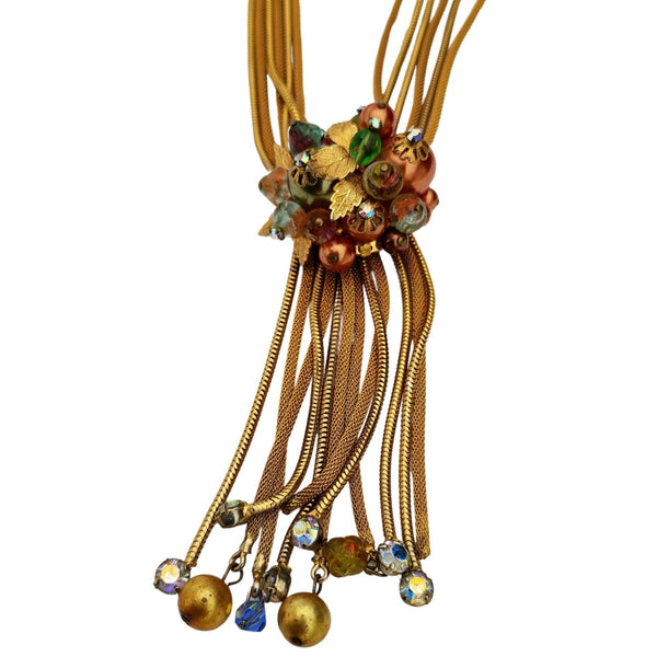 Aurora Borealis Beads Multi Strand Gold Tone Tie Necklace [Vintage]