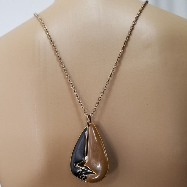 80s Vintage Art Deco Cut Out Tear Drop Shaped Brown Black Pendant Chain Necklace