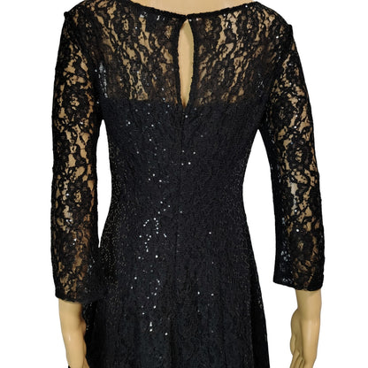 SLNY Black Sequined Illusion Lace Back Keyhole Fit Flare Knee Length Dress SZ 8