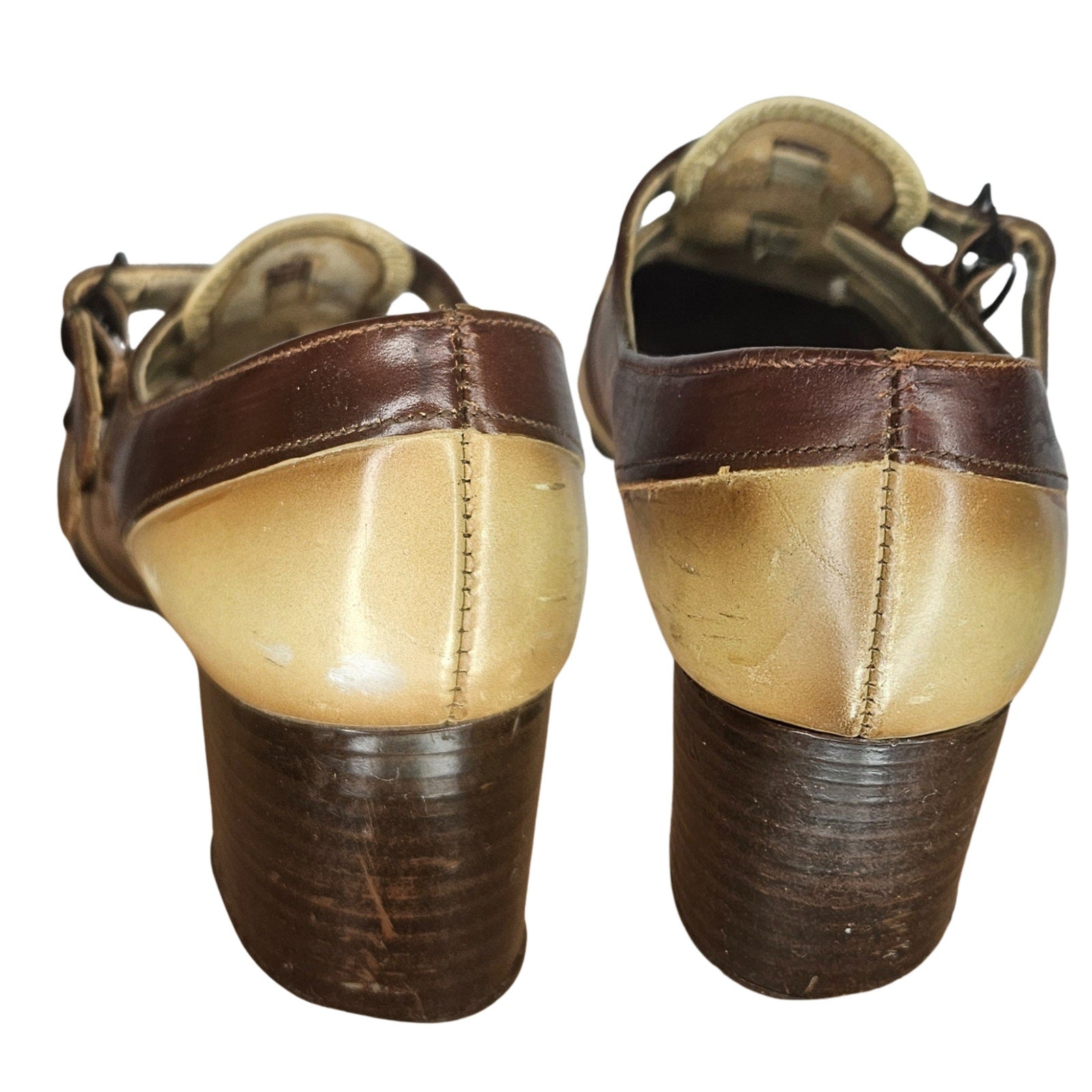 1930s Two-Tone Double-Strap Leather Mary Jane Round Closed Toe Block Heel Shoes [Antique]