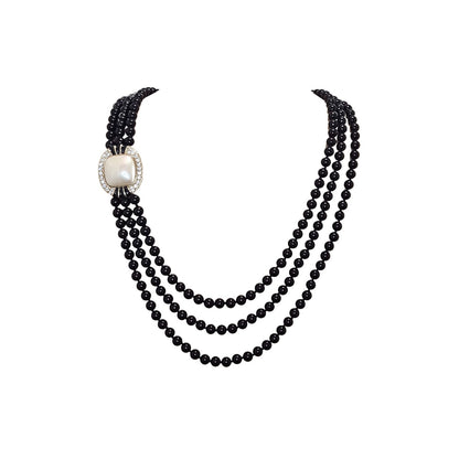 Vintage Black Glass Bead Triple Strand Square Pearl Crystal Statement Necklace