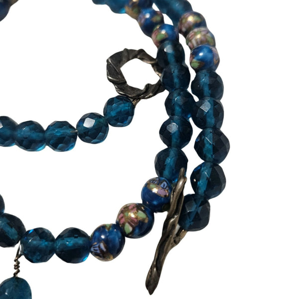 1980s Blue Artisan Crafted Polymer Clay Bead Face Pull Through Closure Necklace