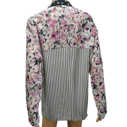 90s Patchwork Floral Striped Light Weight Box Cut Blazer Fold Down Collar Sz Sm