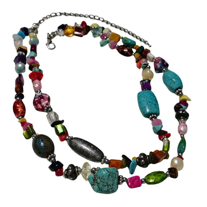 Bohemian Turquoise Rose Quartz Mix Semi-Precious Stones Double Strand Necklace