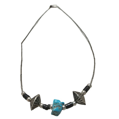 1970s Sterling Silver Liquid Beads Turquoise Black Stone Necklace