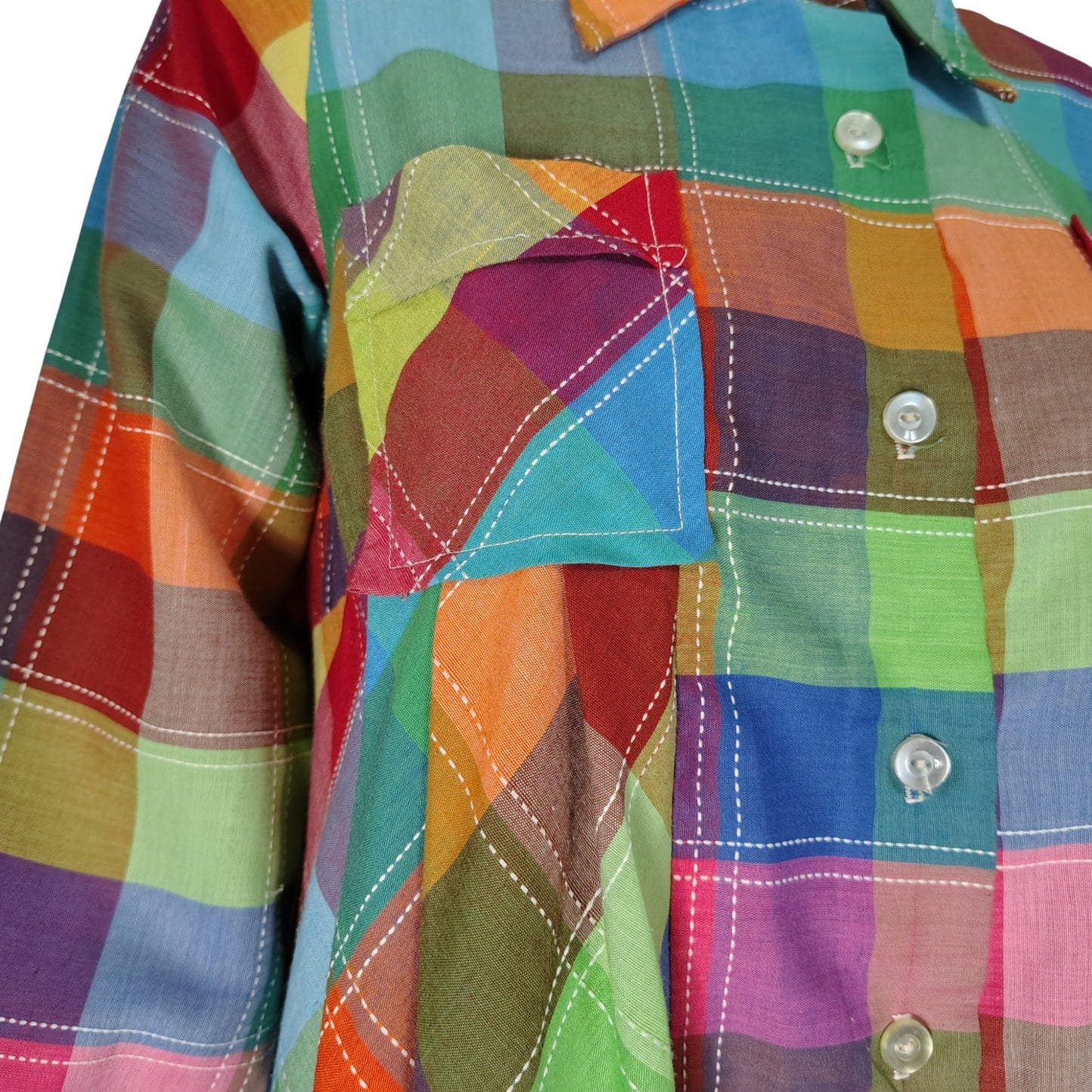 1970s Sears Rainbow Pleated Maternity Button Up Long Sleeve Shirt Size 7/8 [Vintage]