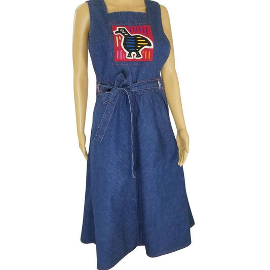 Blue Jean Crossroads Bird Patch Midi Jean Belted Fit Flare Tank Dress Size Large