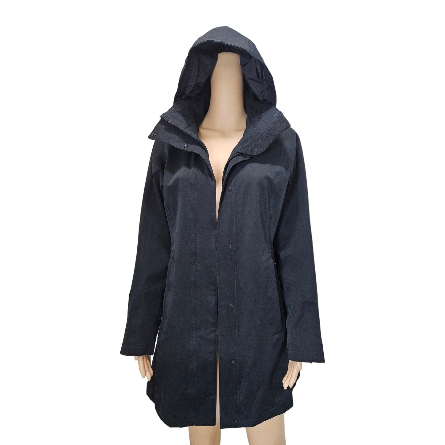 Patagonia Black Zip Up Long Winter Lined Jacket with Hoodie Size Small Womens