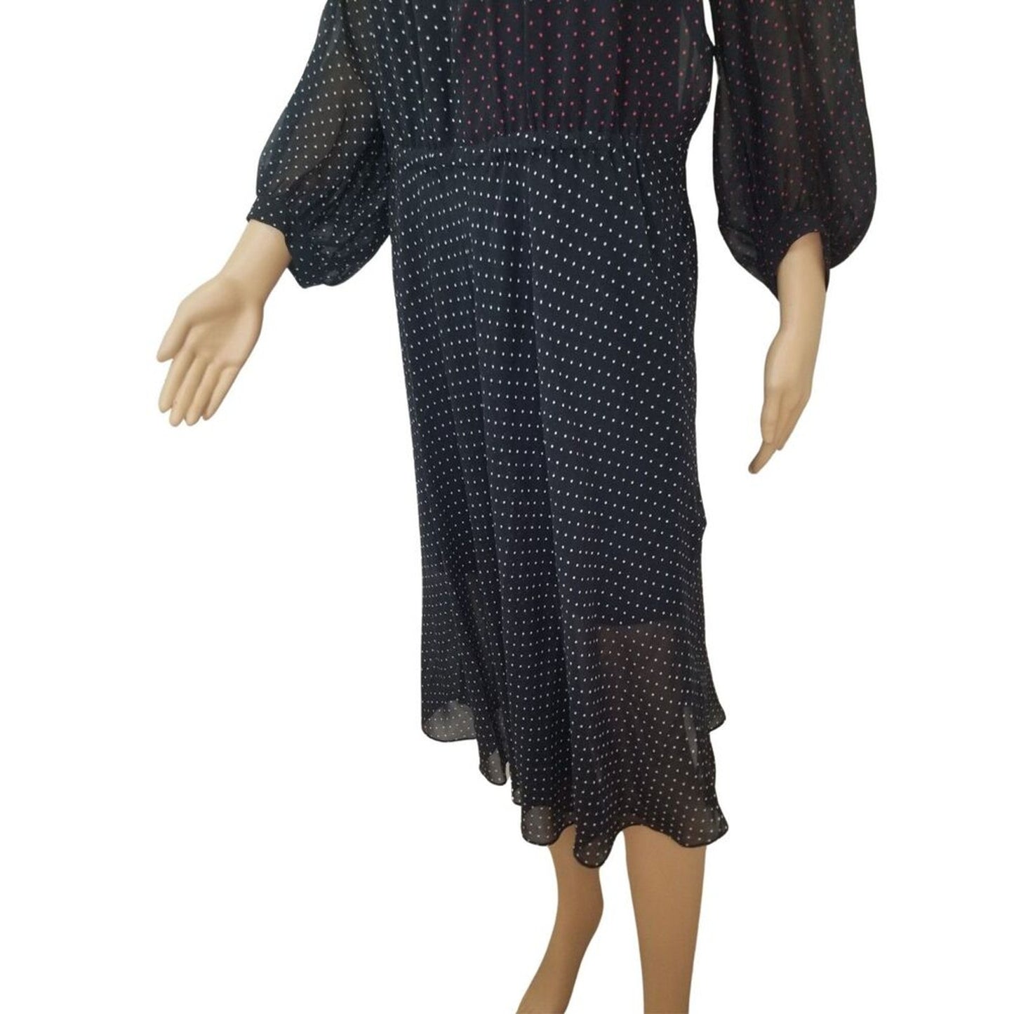Silk Crepe Black Dots Akris Punto Slightly Sheer Midi Dress 3/4 Sleeve SZ 8