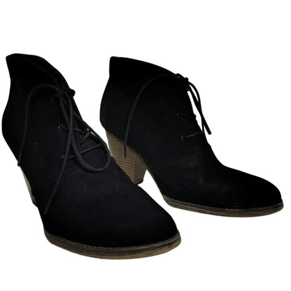 Mia Shayna Lace Up Ankle Bootie Black Faux Suede Wood Stacked Heel Size 9M Women
