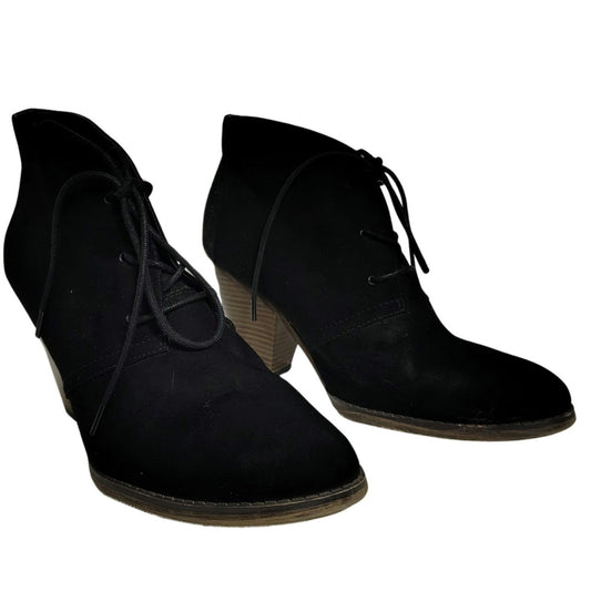Mia Shayna Lace Up Ankle Bootie Black Faux Suede Wood Stacked Heel Size 9M Women