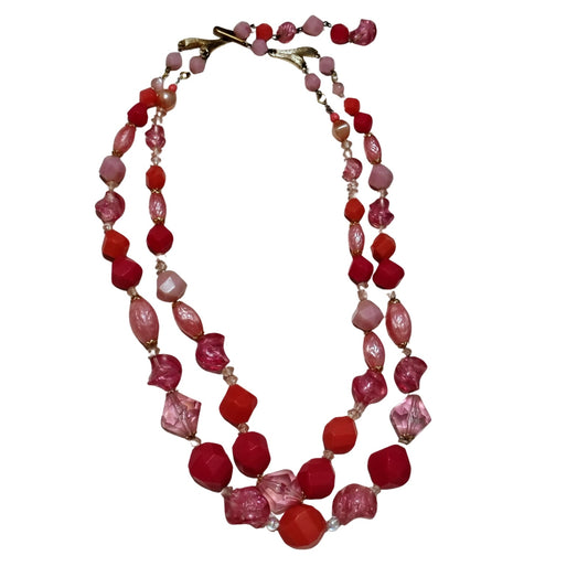1950s Pink Translucent Plastic Double Layered Gold Tone Statement Necklace [Vintage]