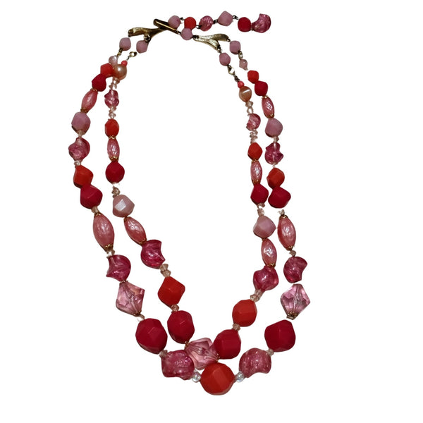 1950s Pink Translucent Plastic Double Layered Gold Tone Statement Necklace [Vintage]