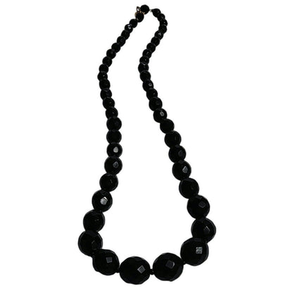 Black Beveled Glass Beaded Vintage Single Strand Necklace Spring Clasp Closurep
