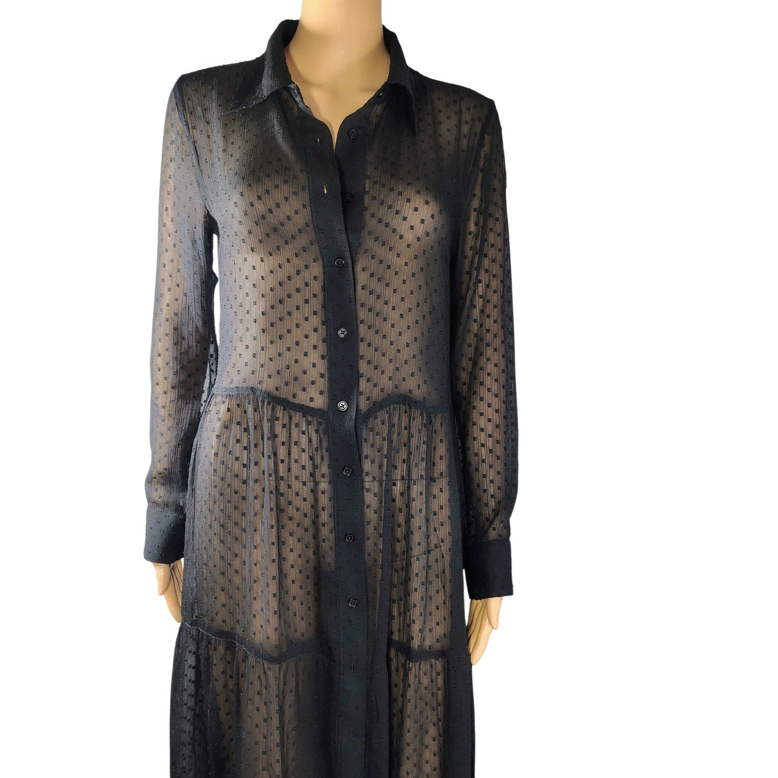 VENUS Black Sheer Polka Dots Button Up Flare Maxi Fold Down Collar Dress Size 8