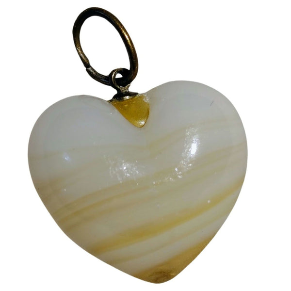 70s Vintage Heart Yellow White Marbled Agate Feels Like Glass Pendant Charm