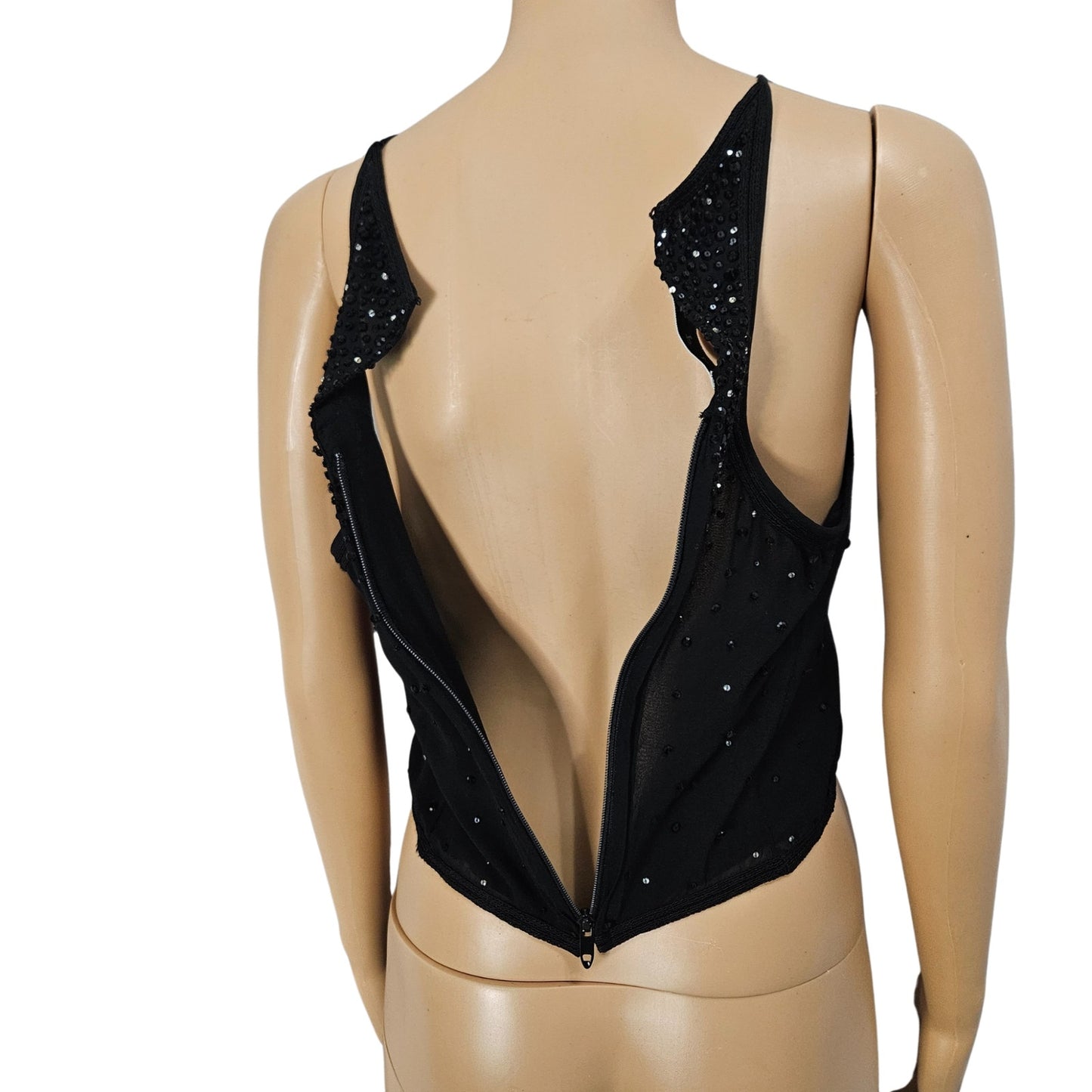 Black Sequin Crystal Beads Formal Halter Top Cropped 100% Silk Sleeveless SZ 10 [Vintage]