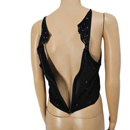 Black Sequin Crystal Beads Formal Halter Top Cropped 100% Silk Sleeveless SZ 10 [Vintage]