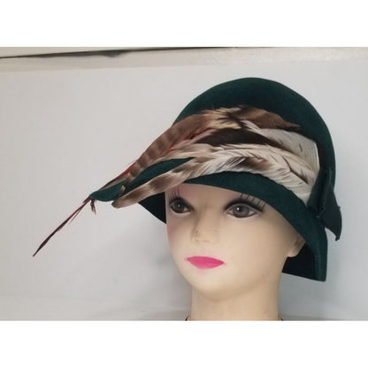 1960s Green Frank Olive Wool Hat Long Feathers Hat Band and Double Bow [VINTAGE]