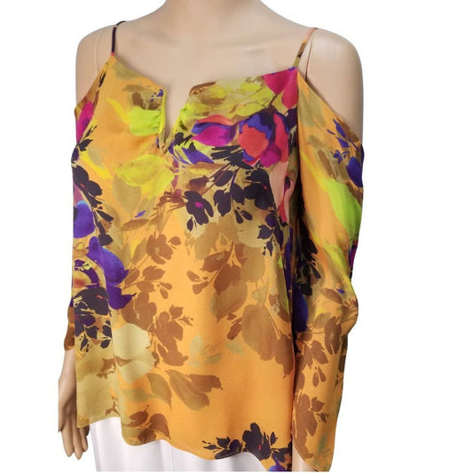 Nicole Miller Atelier Silk Floral Cold Shoulder Deep V Neck Top Size Small