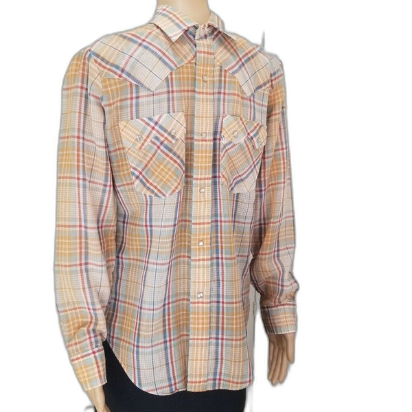 1970s Levi's Western Cowboy Button Up Shirt Big E White Tab Plaid Size Medium [Vintage]