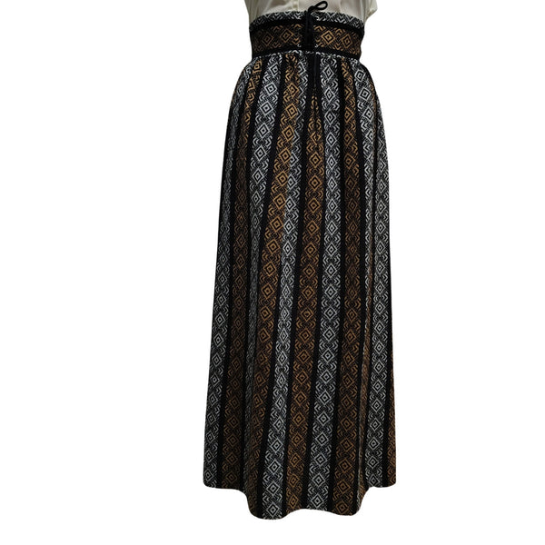 1960s High Waisted Handmade Tribal Boho Print Maxi Skirt Grommet Tie Front Size XXS [VINTAGE]