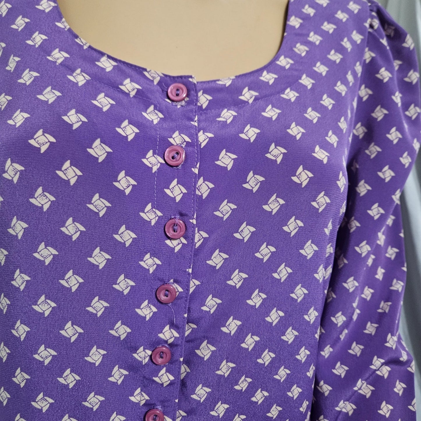 1980s 1990s Purple Puffy Long Sleeve Midi Drop Waist Dress Size 7/8 Petite [Vintage]