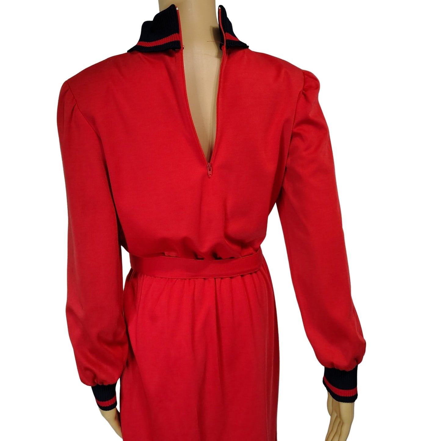 1970s Red Black Marty Gutmacher Petite High Neck Long Sleeve Midi Dress Size 10 [Vintage]