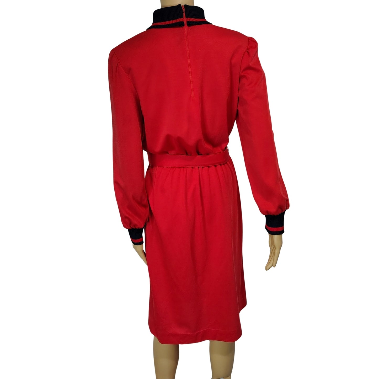 1970s Red Black Marty Gutmacher Petite High Neck Long Sleeve Midi Dress Size 10 [Vintage]