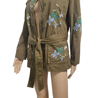 Olive Embroidered Floral Belted Zip Up Utility Standing Collar Jacket Size Medium