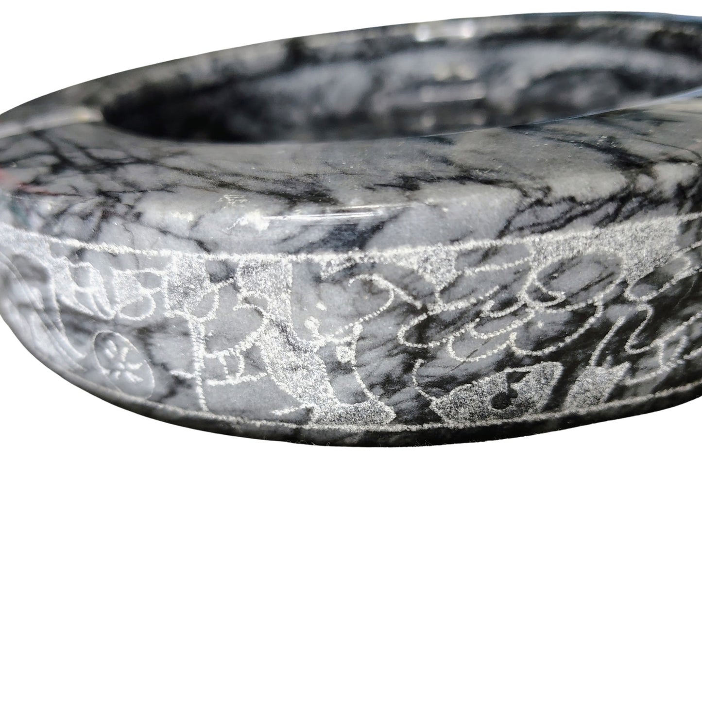 1970s Gray Etched Horses Polished Marble Stone Heavy Large Ashtray Three Holders [Vintage]
