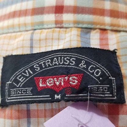 1970s Levi's Western Cowboy Button Up Shirt Big E White Tab Plaid Size Medium [Vintage]