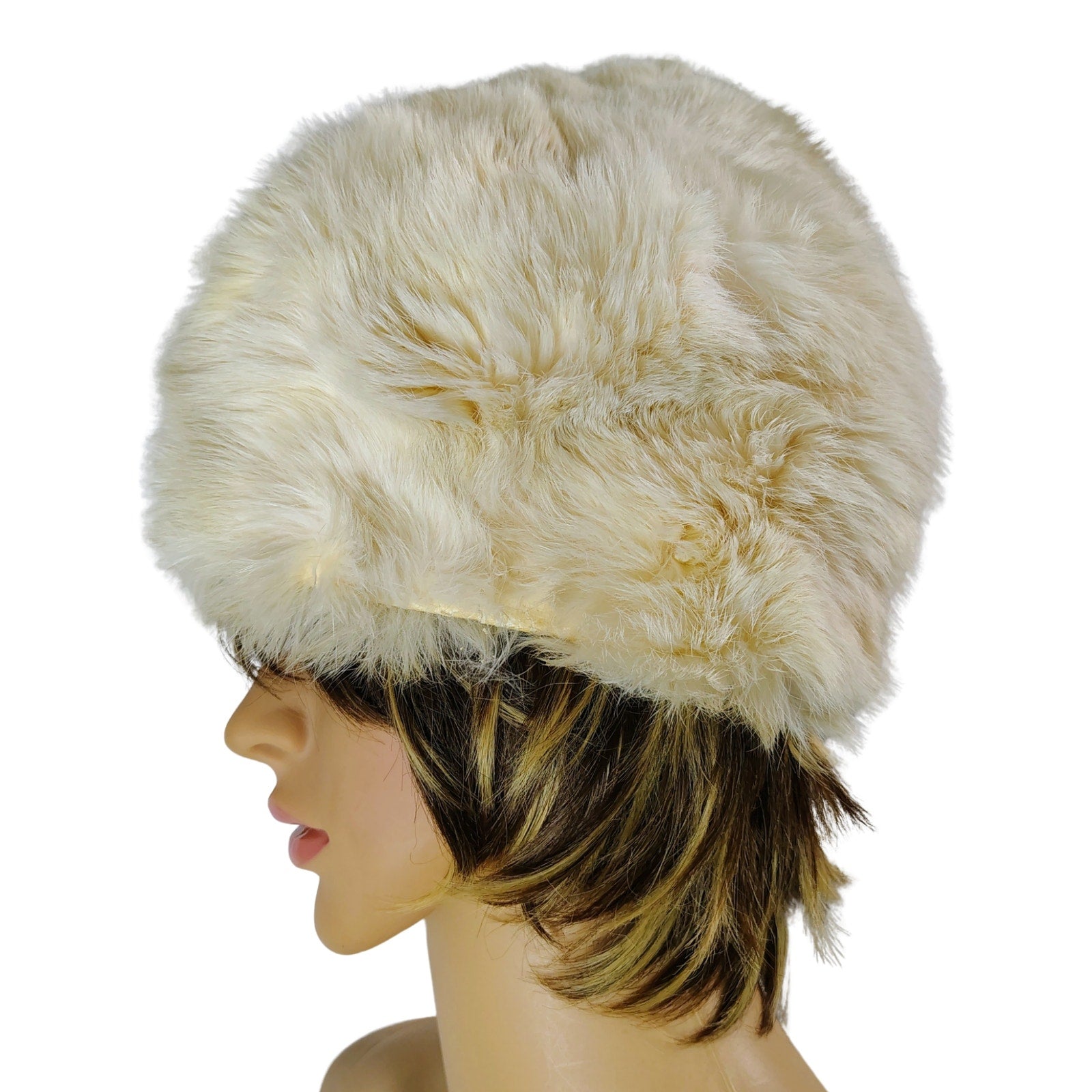 1950s Cream Real Fur Tall Pillbox Cossack Style Winter Hat [Vintage]